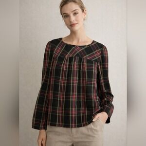 J.Crew Stewart Tartan Black Plaid Puff Sleeve Blouse Large Festive Winter Preppy